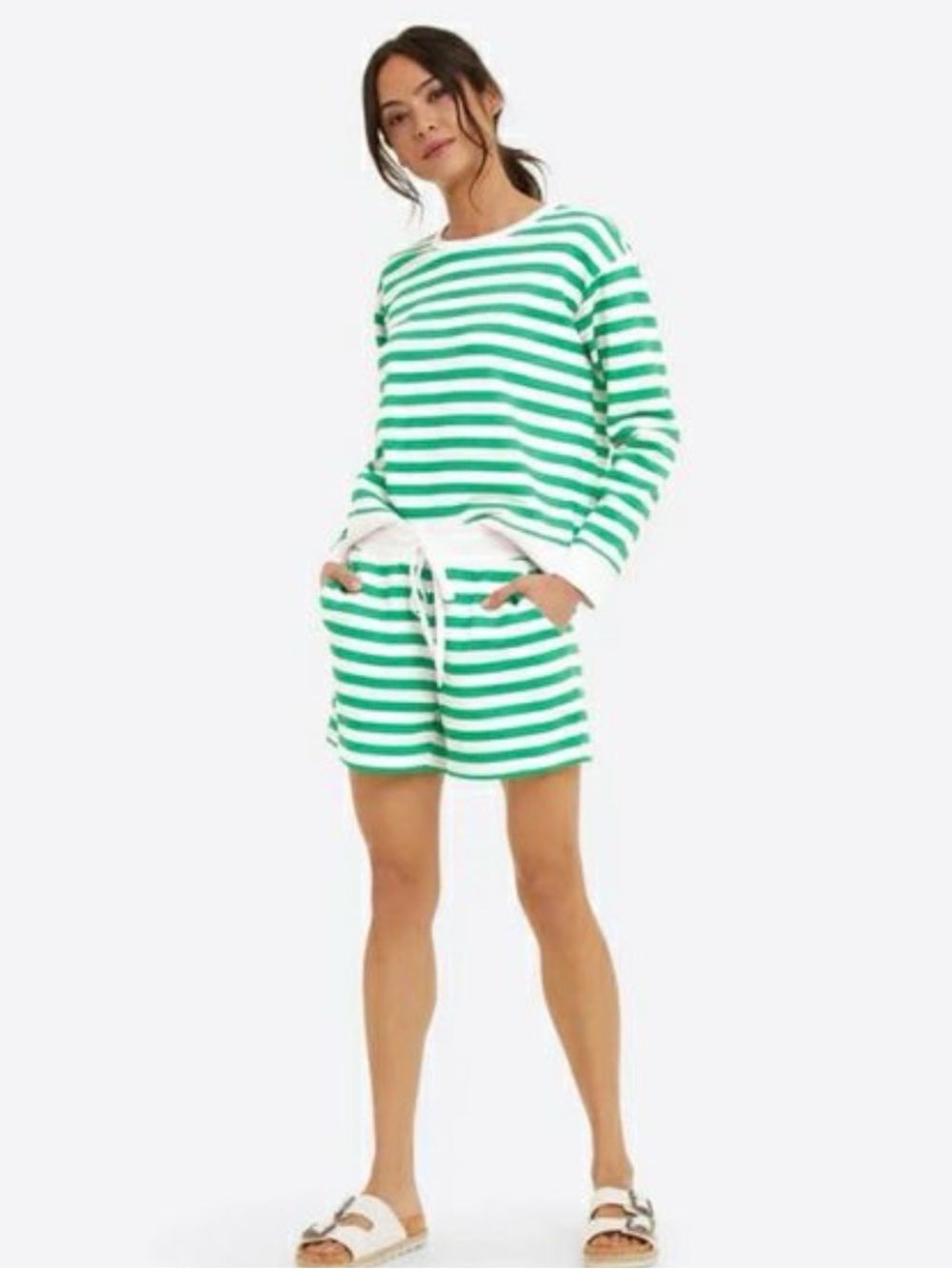 Draper James Kelsea Sweatshirt in Green and White Awning Stripe.